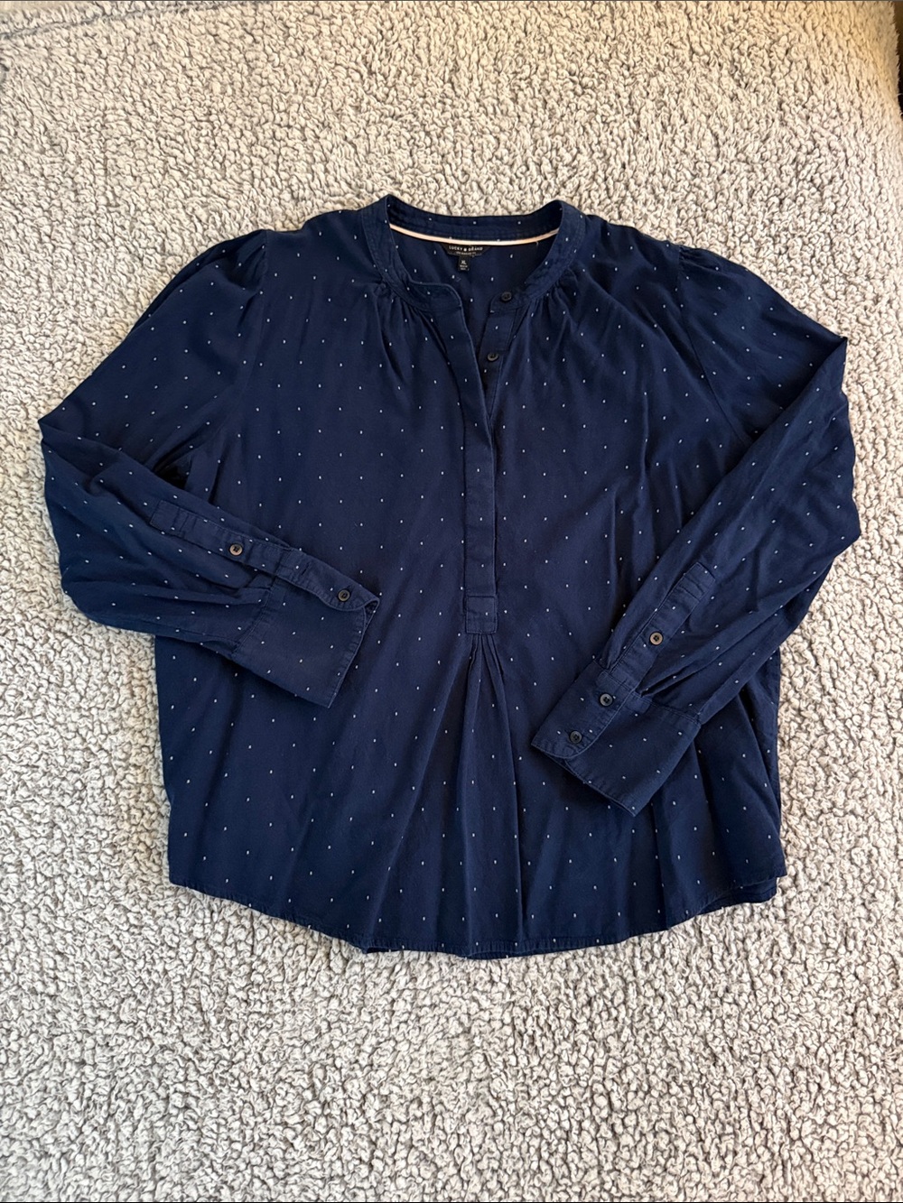 Lucky Brand Navy White Dot-Print Pullover Blouse